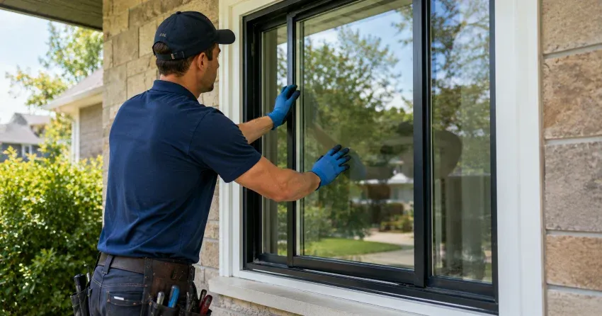 technician measuring a broken window pane for replacement in Niagara-on-the-Lake