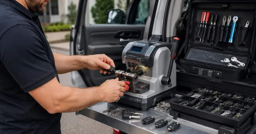 technician cutting a replacement car door lock key in Virgil, Niagara-on-the-Lake