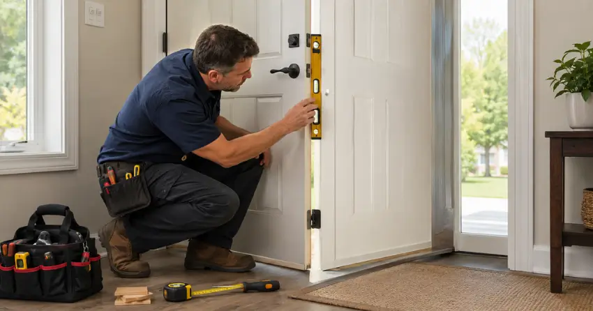 technician diagnosing a misaligned door frame in Glendale, Niagara-on-the-Lake