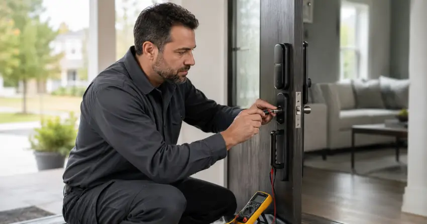 technician diagnosing automatic door lock mechanism on residential door in Village of St. Davids, Niagara-on-the-Lake