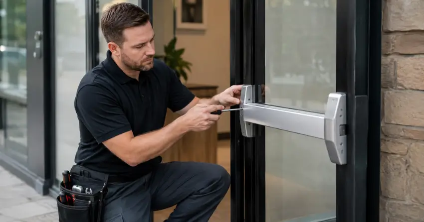 commercial locksmith repairing exit device on storefront door Queenston Heights Area, Niagara-on-the-Lake