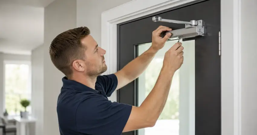 technician adjusting door closer hydraulic valve in St. Davids, Niagara-on-the-Lake home