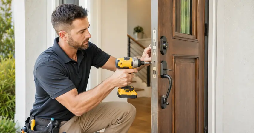 locksmith installing new deadbolt lock on front door in Niagara-on-the-Lake