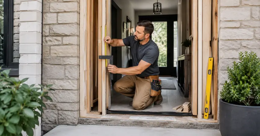 exterior door installer assessing rough opening in Glendale, Niagara-on-the-Lake