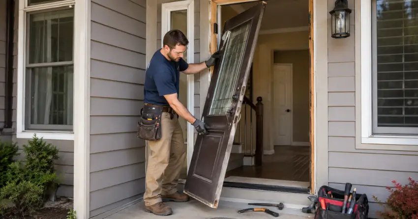 old exterior door being removed for replacement in Homer, Niagara-on-the-Lake