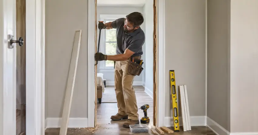 technician removing an old interior door frame during installation Niagara-on-the-Lake
