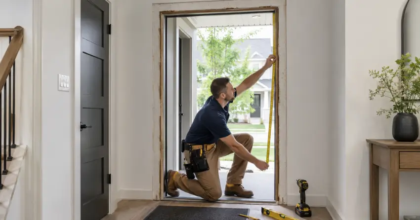 technician measuring a door frame before new door installation in Niagara-on-the-Lake