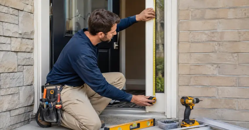 technician measuring door frame before storm door install in Queenston Heights Area, Niagara-on-the-Lake