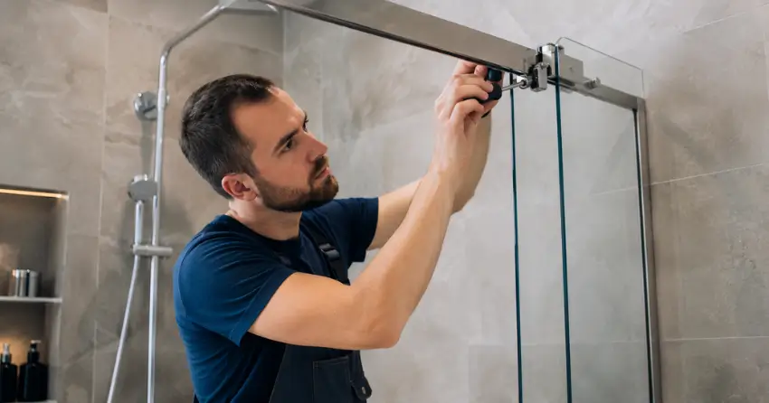 technician adjusting shower door hinge and track in Lakeshore Area, Niagara-on-the-Lake