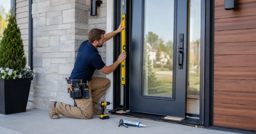 glass outside door installation with energy-efficient double-pane glazing in Queen Street Heritage District, Niagara-on-the-Lake