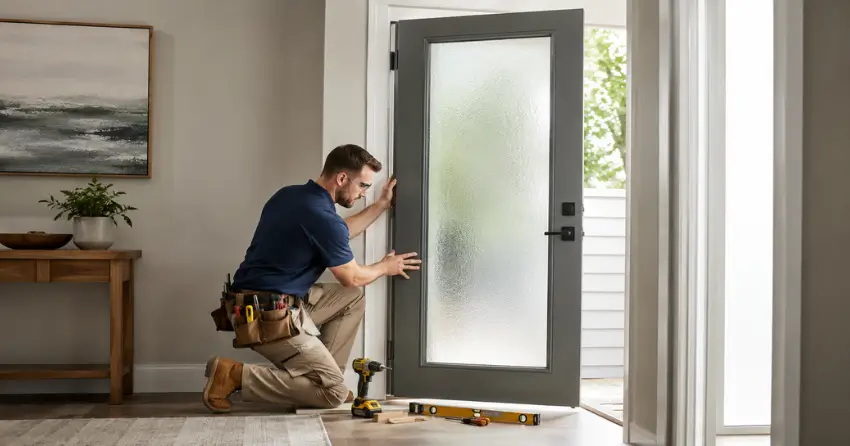 glass panel door installation with frosted privacy glass in residential setting in Lakeshore Area, Niagara-on-the-Lake