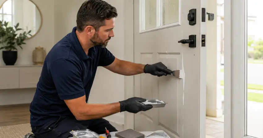 technician repairing fiberglass door surface crack in Four Mile Creek, Niagara-on-the-Lake