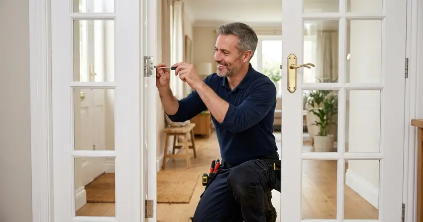 technician adjusting French door hinge for proper alignment in Queen Street Heritage District, Niagara-on-the-Lake