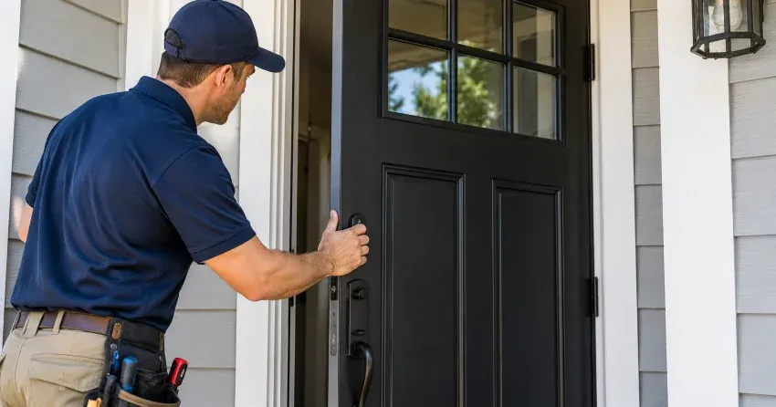 technician adjusting door hinge and strike plate in Old Town, Niagara-on-the-Lake home