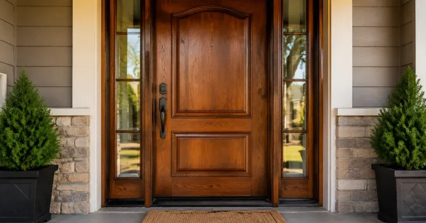 wood door mid-restoration showing stripped bare wood in Niagara Parkway, Niagara-on-the-Lake