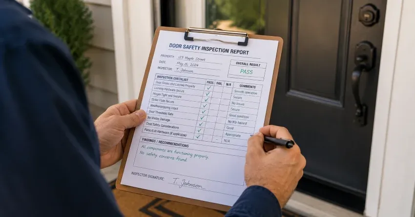 inspector checking strike plate and door frame during safety inspection in McNab, Niagara-on-the-Lake