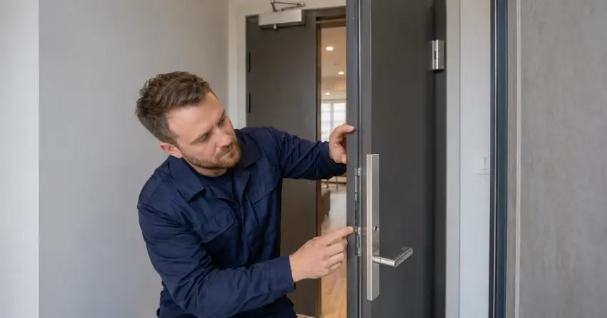 technician inspecting fire-rated door seal and hardware in Queen Street Heritage District, Niagara-on-the-Lake