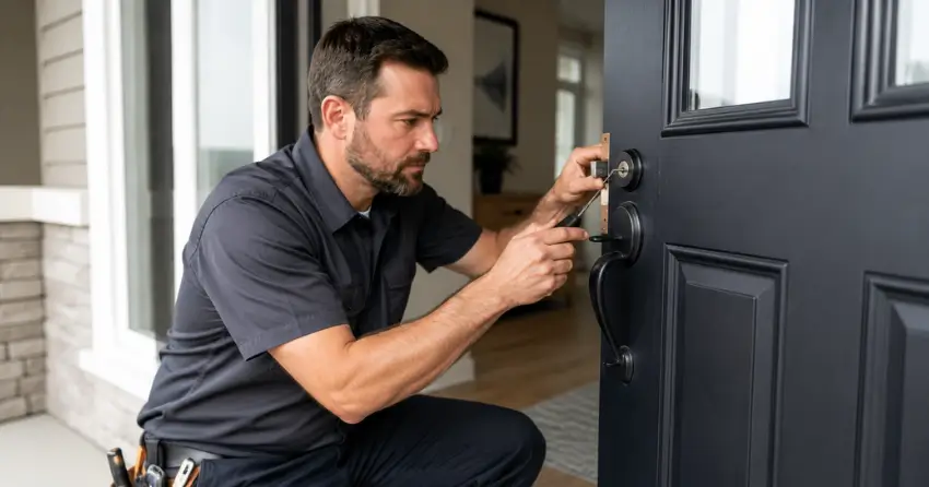 licensed locksmith technician working on residential deadbolt in Niagara-on-the-Lake